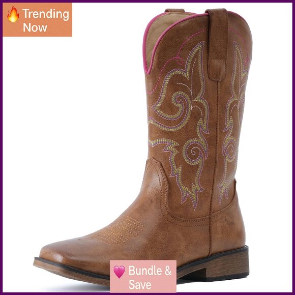 Women's Square Toe Embroidered Cowboy Boots Mid Calf Pull On Western Fashion - Picture 1 of 8